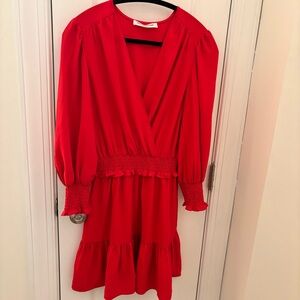 Amanda Uprichard Red Ruffled V Neck Long Sleeve Mini Dress size S like Revolve